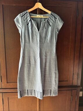 Boden Linen Slate Blue Embellished Cap-Sleeve Midi Dress